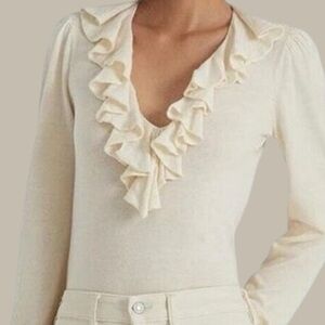 Lauren Ralph Lauren Cream Ruffle V-Neck and Wrist Blouse
